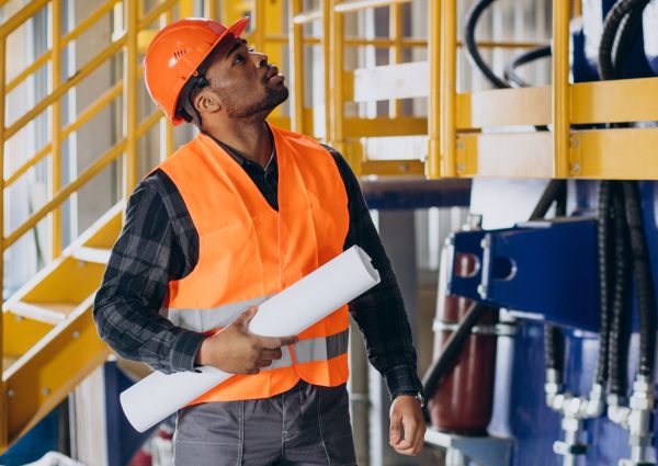 African american worker standing in uniform wearing a safety hat in a factory